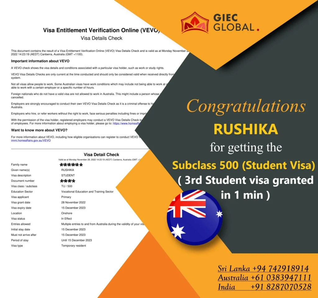 Rushika Subclass 500 Student Visa Approved