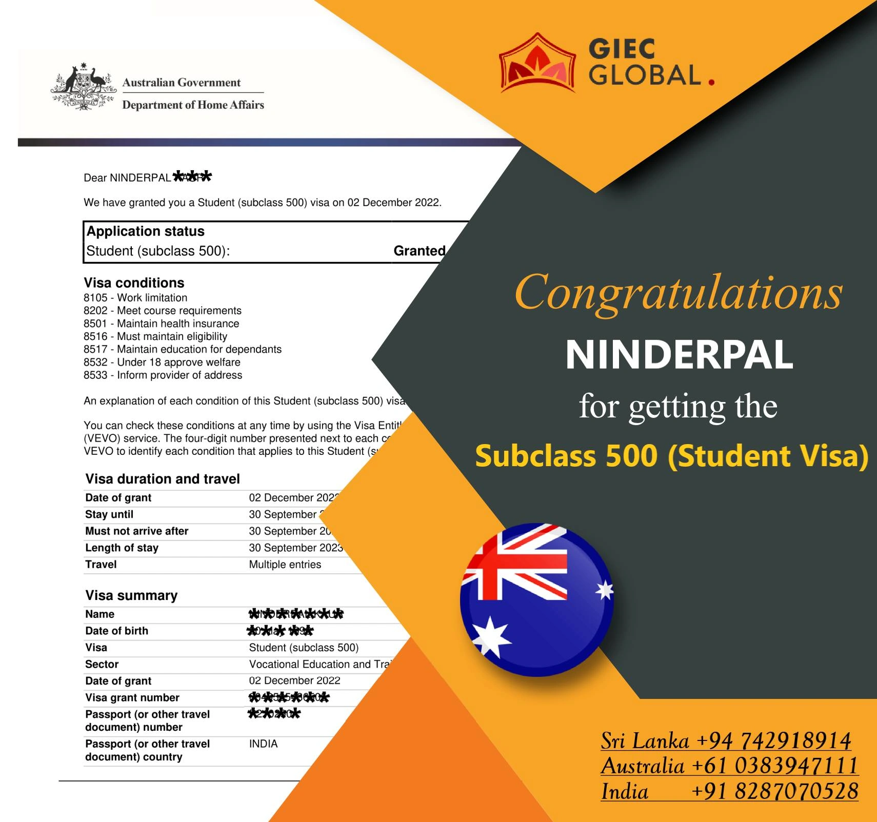 NINDERPAL Subclass 500 Student Visa Approved