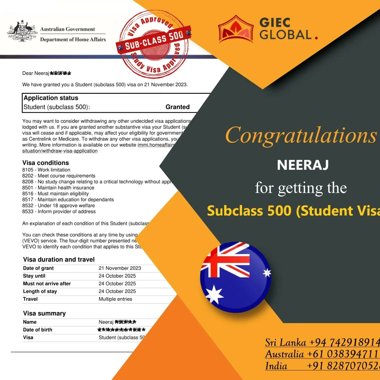 Neeraj Subclass 500 Student Visa Approved