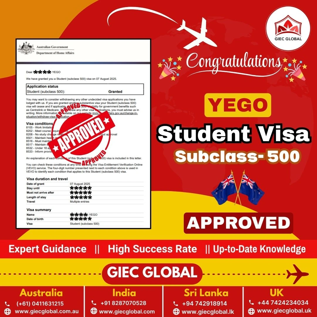 YEGO Subclass 500 Student Visa Approved